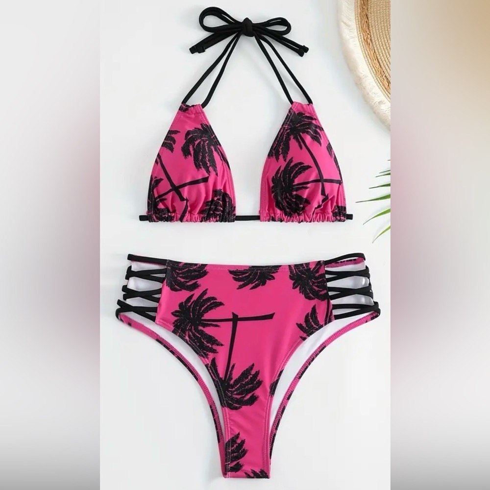 Palm Tree Triangle Halter Strappy High Waisted Bikini Set